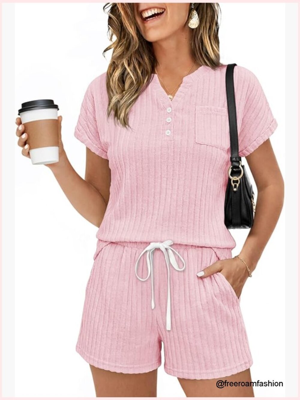 Women's 2 Piece Short Set Lounge Henley Sweatsuit with Pockets